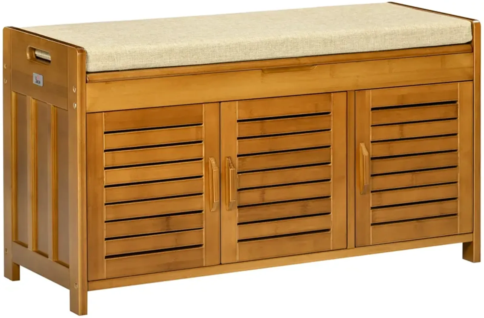 Brown Entryway Storage: Bamboo Shoe Bench with Cushion & Cabinets