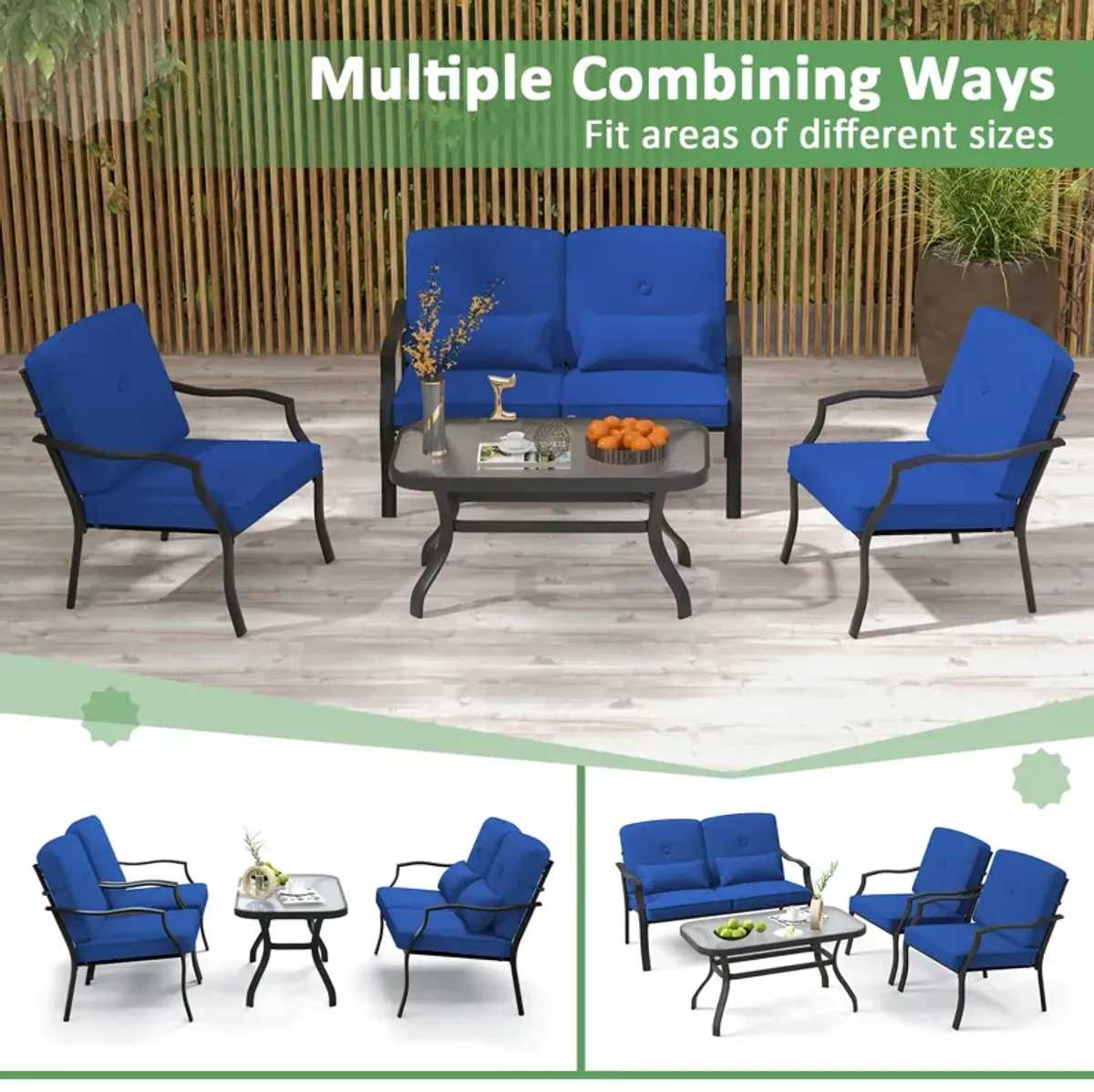 4-Piece Outdoor Conversation Set with Seat Cushions, Back Cushions, and Waist Pillows