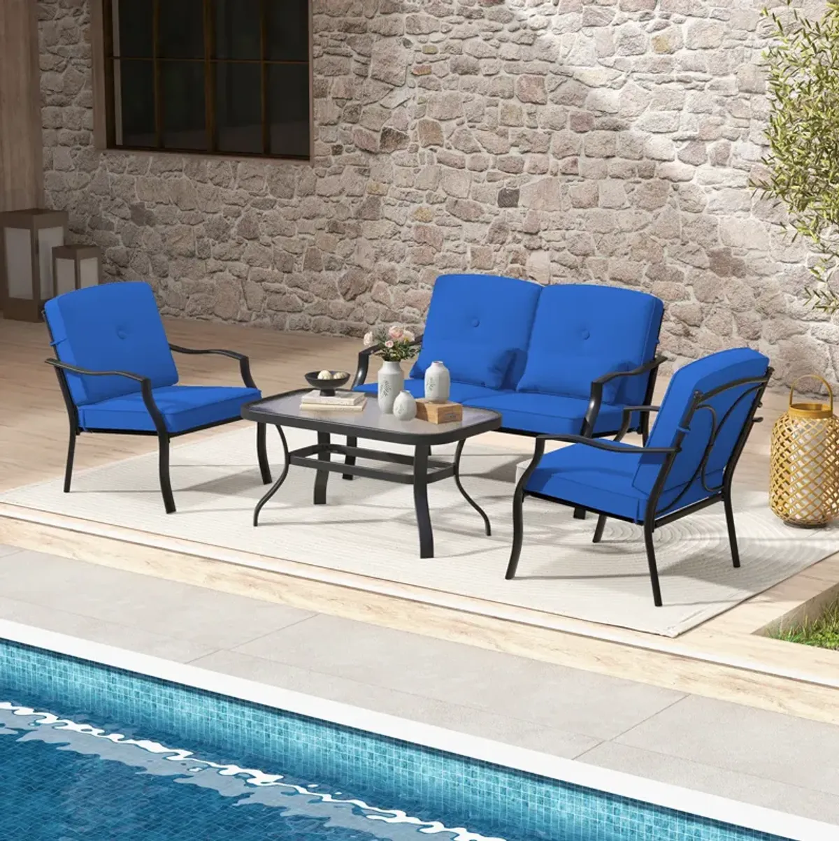 4-Piece Outdoor Conversation Set with Seat Cushions, Back Cushions, and Waist Pillows