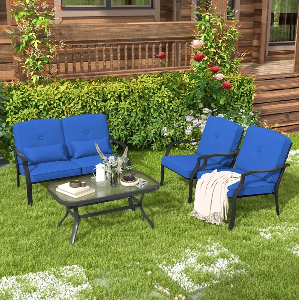 4-Piece Outdoor Conversation Set with Seat Cushions, Back Cushions, and Waist Pillows