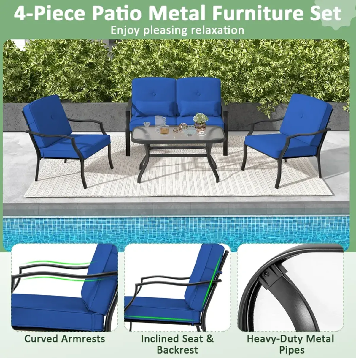 4-Piece Outdoor Conversation Set with Seat Cushions, Back Cushions, and Waist Pillows