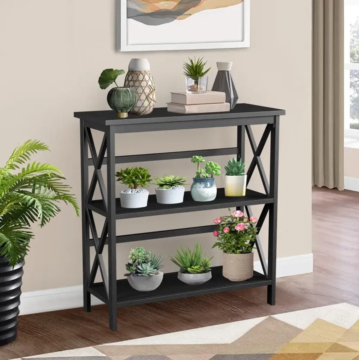 3-Tier Wooden Multi-Functional X-Design Etagere Storage Bookshelf