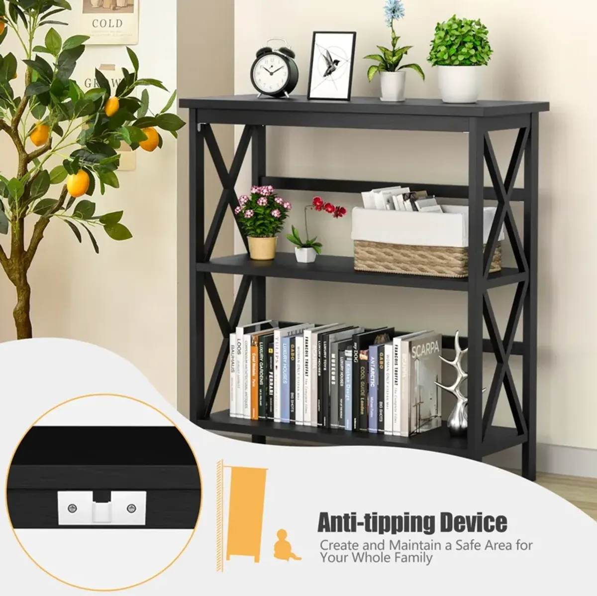 3-Tier Wooden Multi-Functional X-Design Etagere Storage Bookshelf