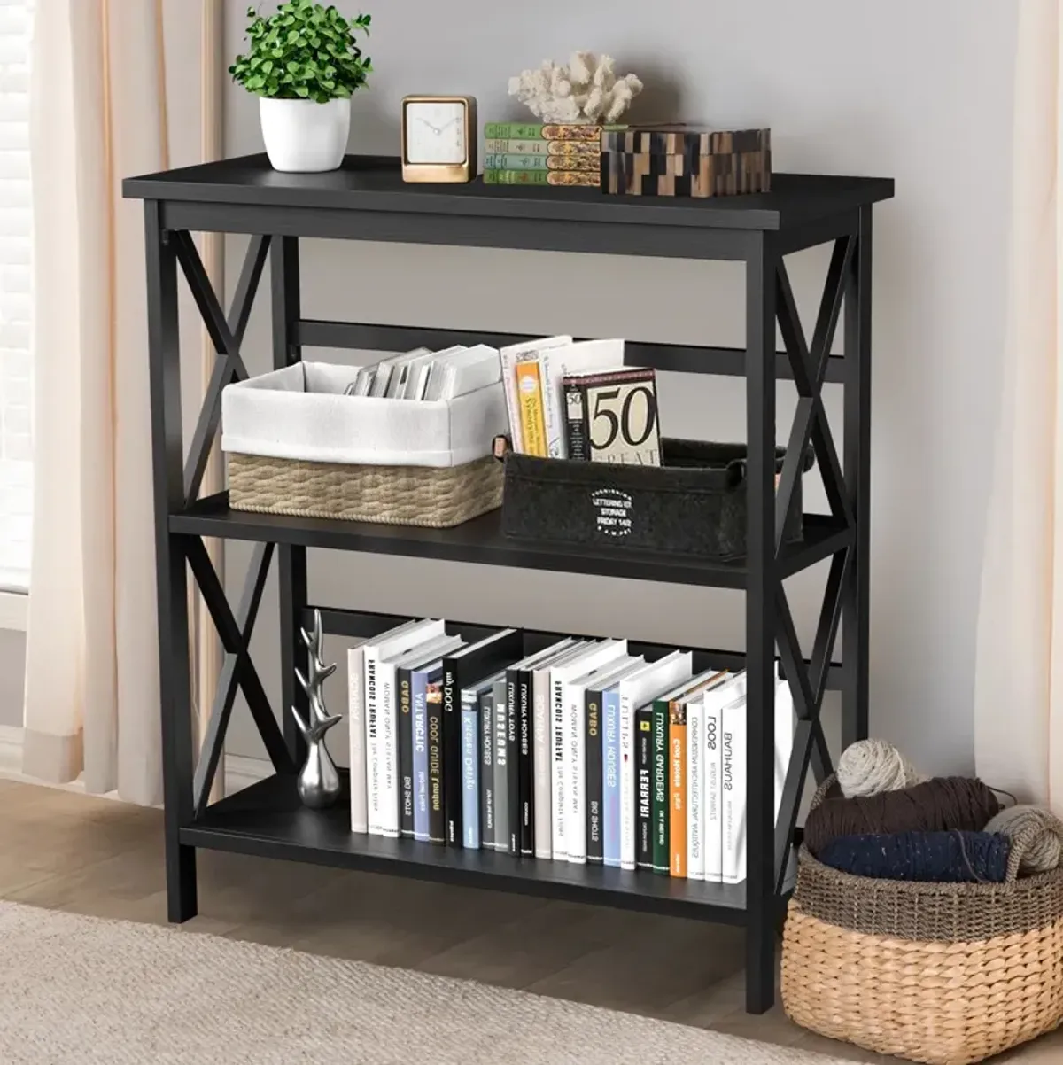 3-Tier Wooden Multi-Functional X-Design Etagere Storage Bookshelf