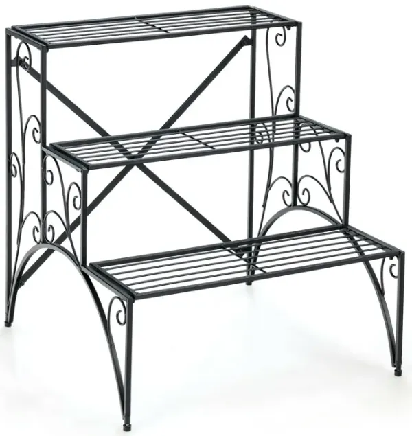 3-Tier Metal Plant Stand with Widened Grid Shelf for Porch Garden-Black