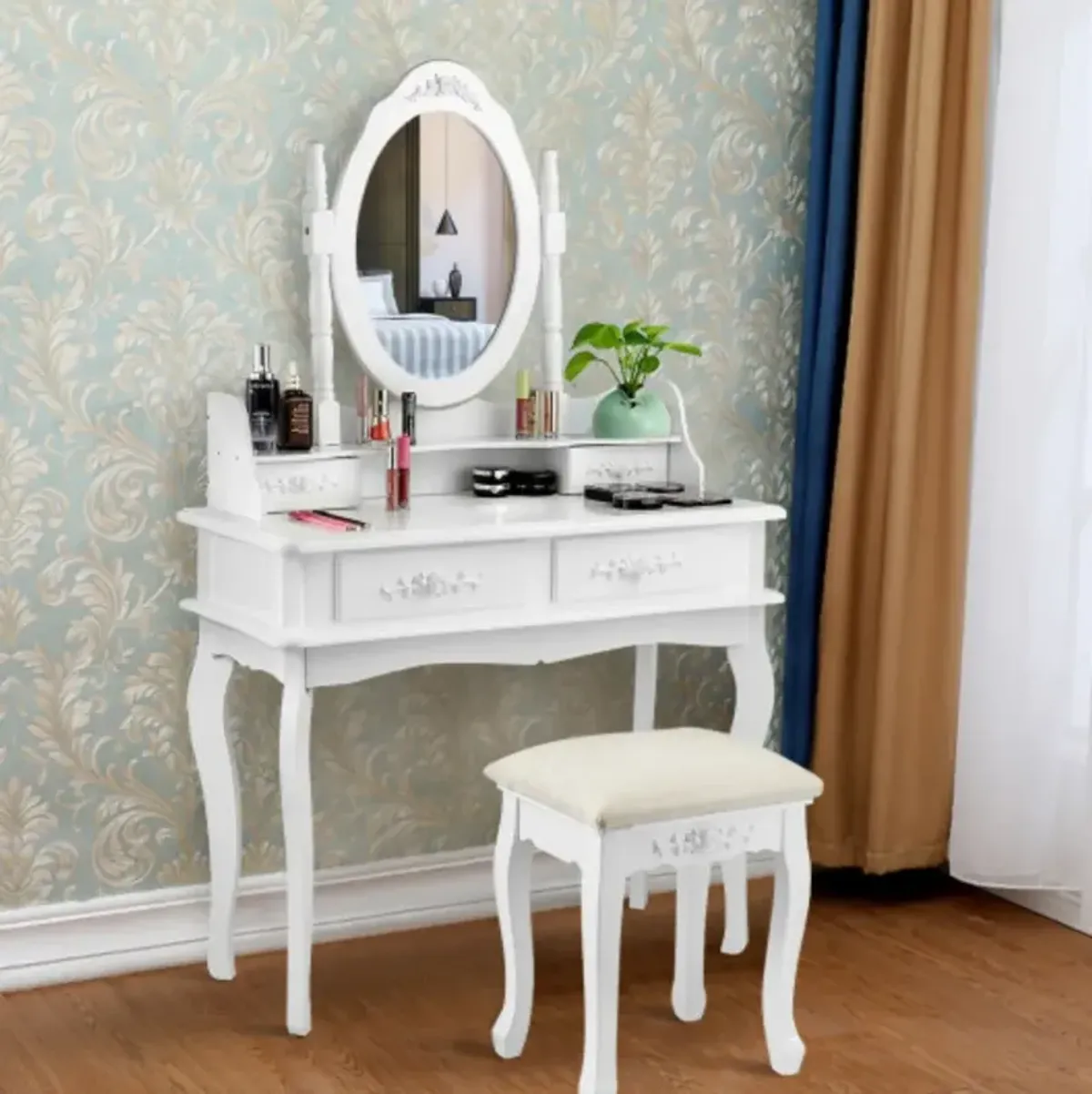 Vanity Makeup Table Set with Cushioned Stool and Rotatable Mirror