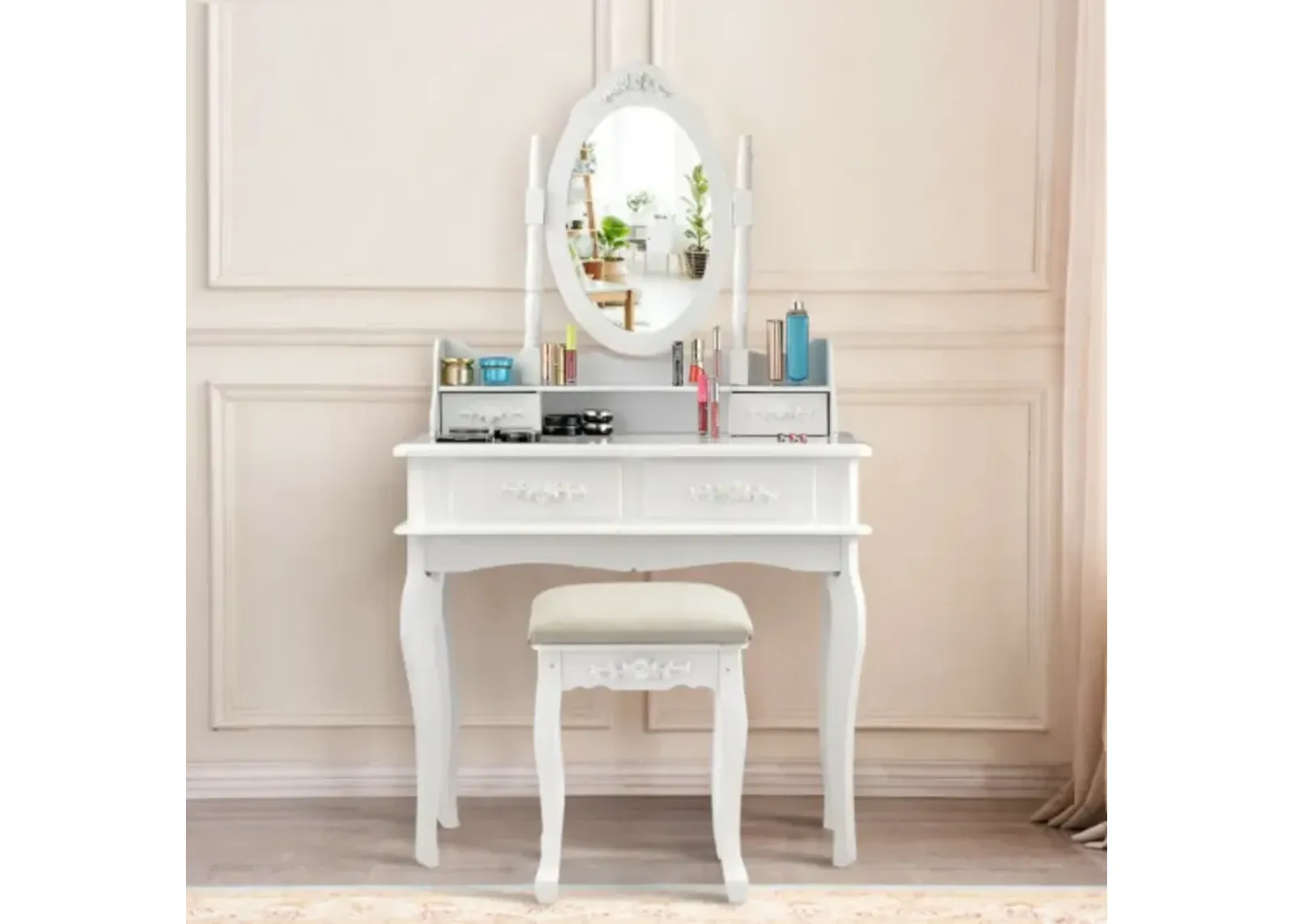 Vanity Makeup Table Set with Cushioned Stool and Rotatable Mirror