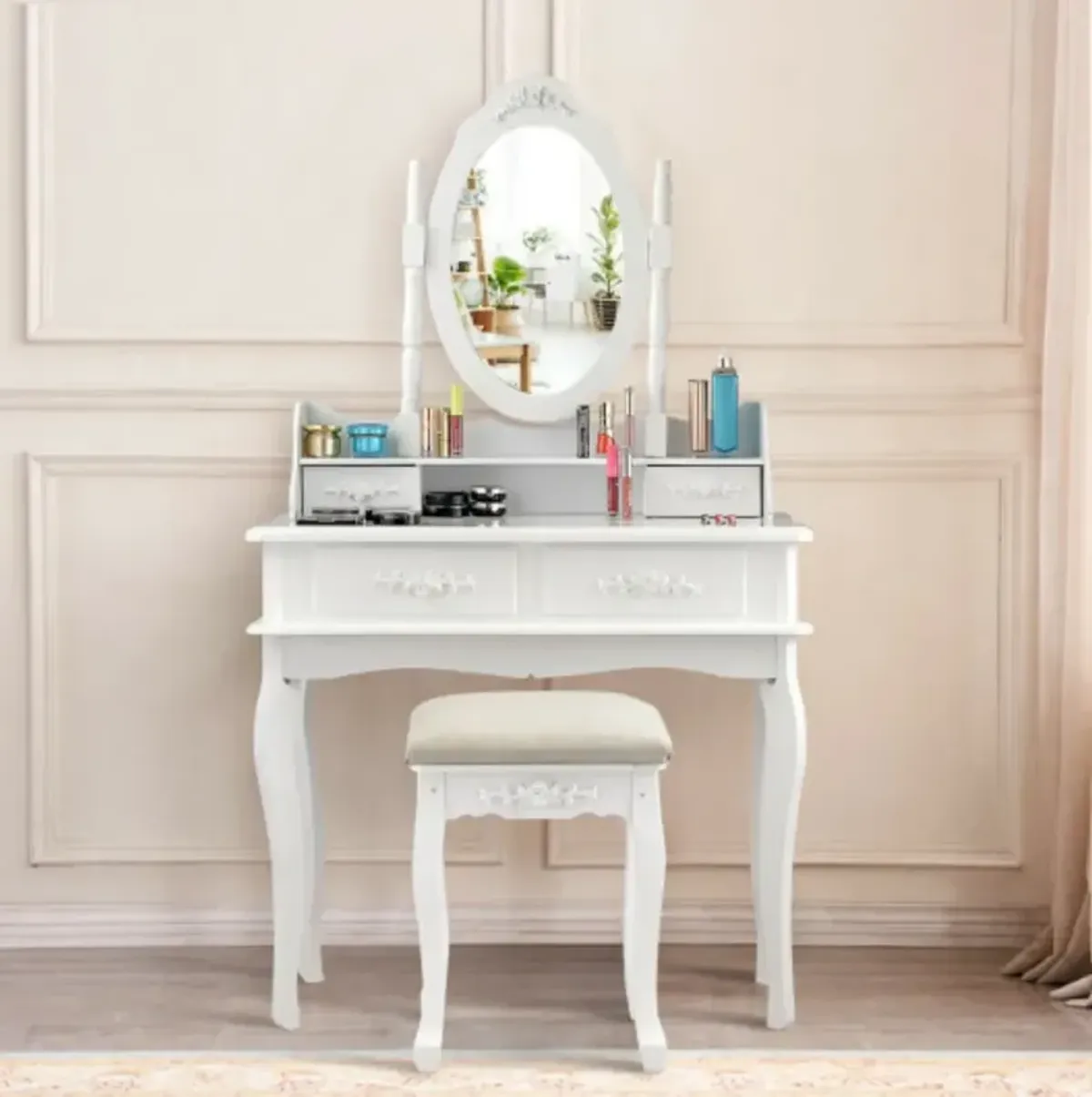 Vanity Makeup Table Set with Cushioned Stool and Rotatable Mirror