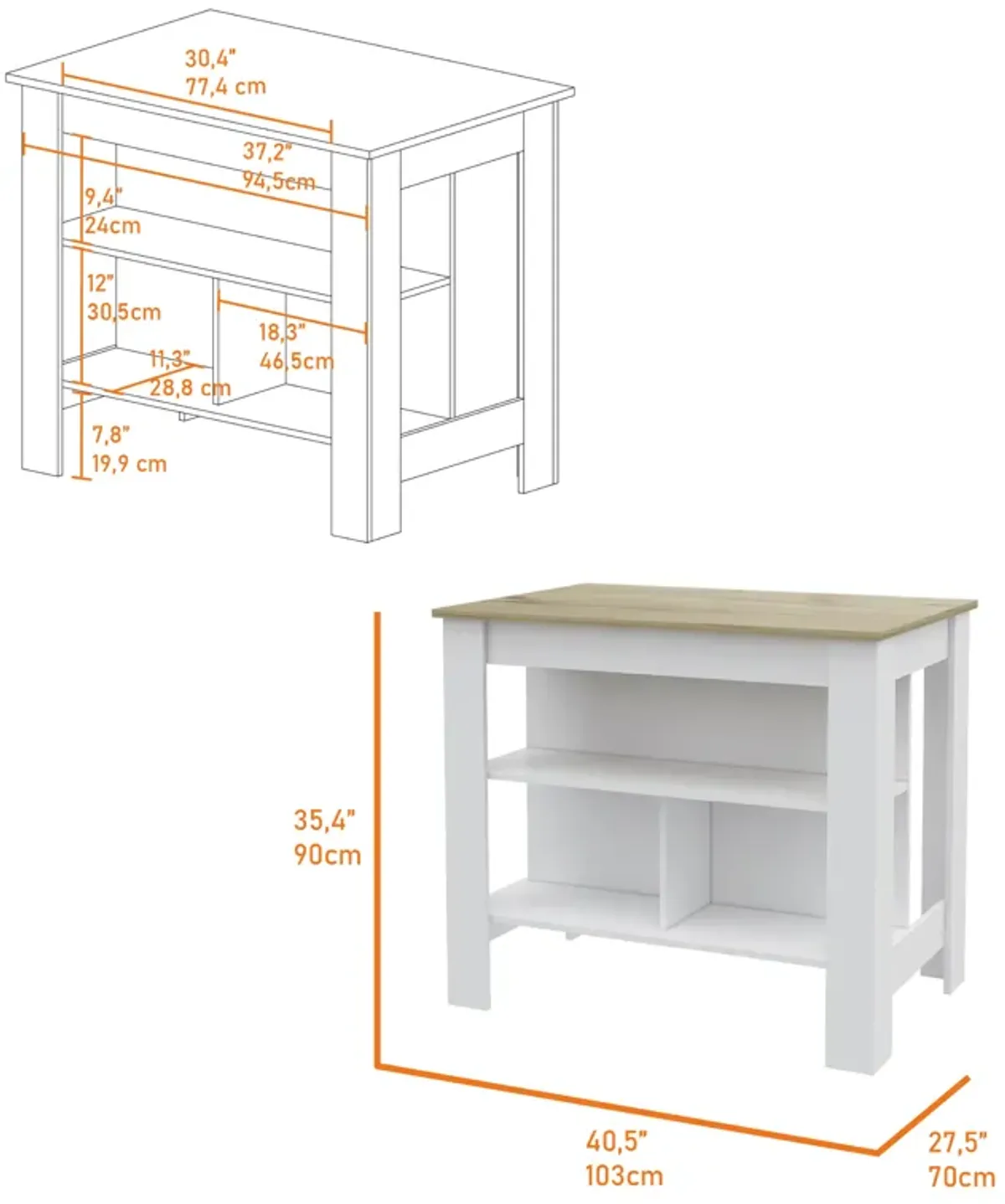 Kitchen Island Dozza, Kitchen, White / Light Oak