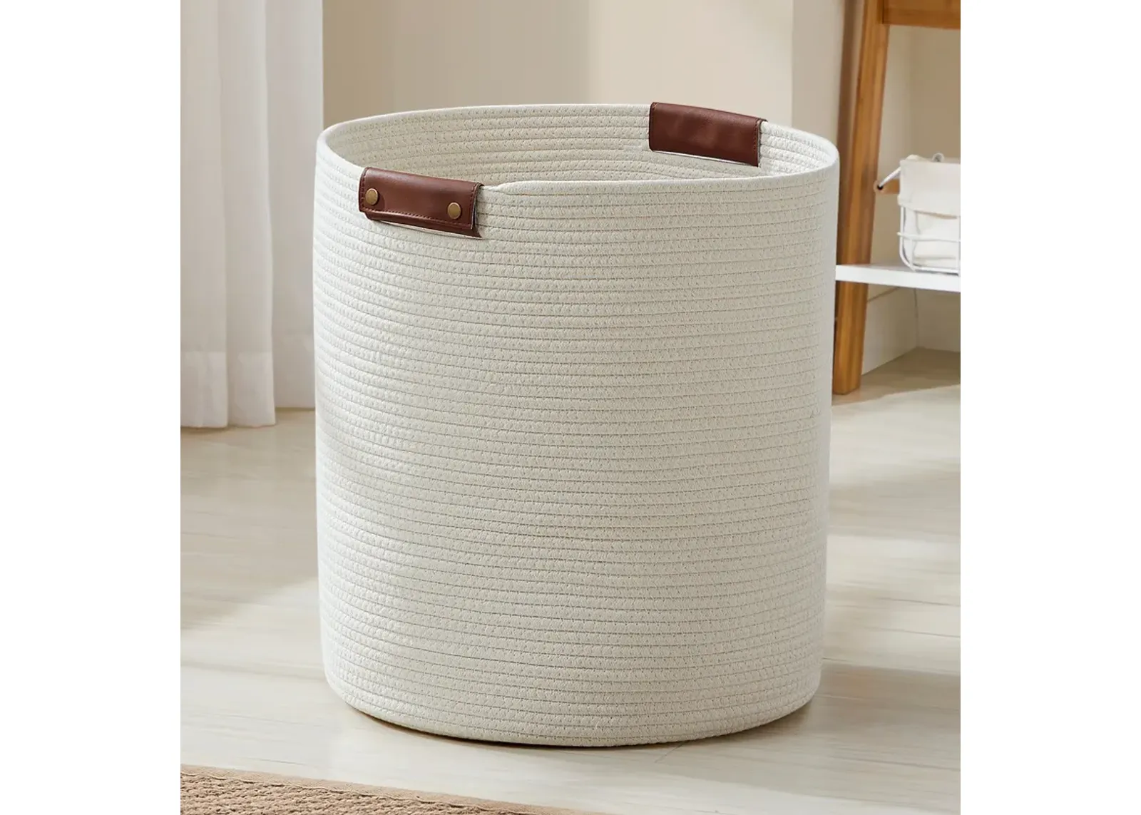 Large Cotton Rope Laundry Hamper Woven Basket with Leather Handles