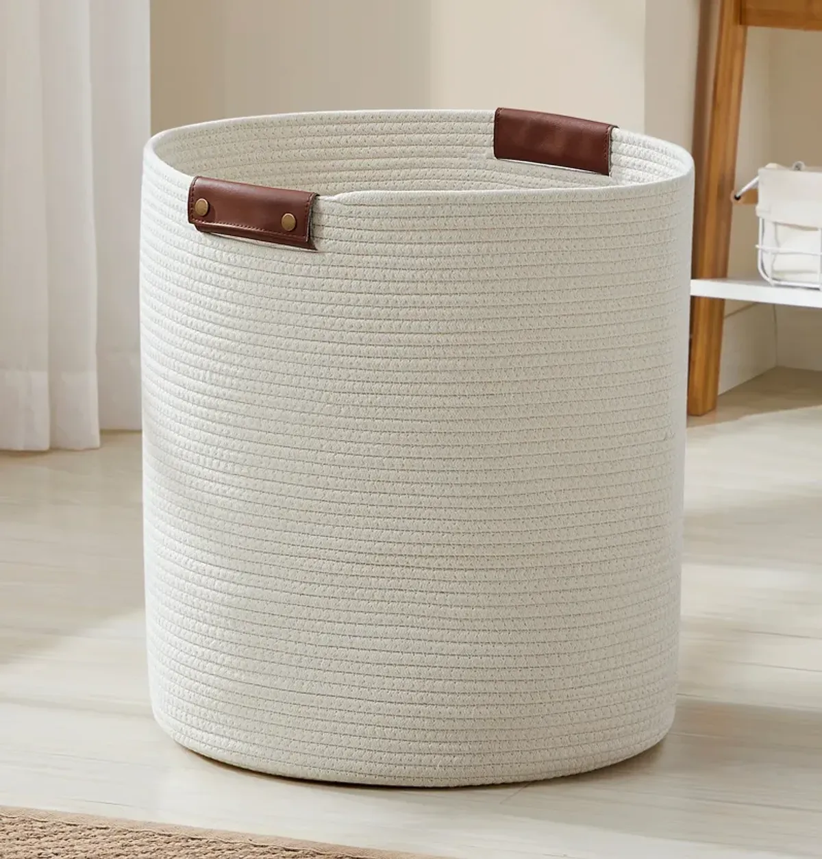 Large Cotton Rope Laundry Hamper Woven Basket with Leather Handles