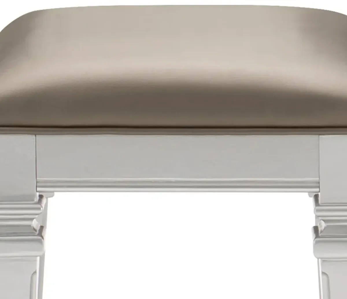 Leatherette Padded Vanity Stool with Tapered Legs and Molded Detail, Silver-Benzara