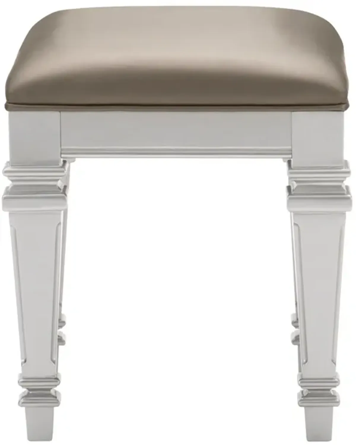 Leatherette Padded Vanity Stool with Tapered Legs and Molded Detail, Silver-Benzara