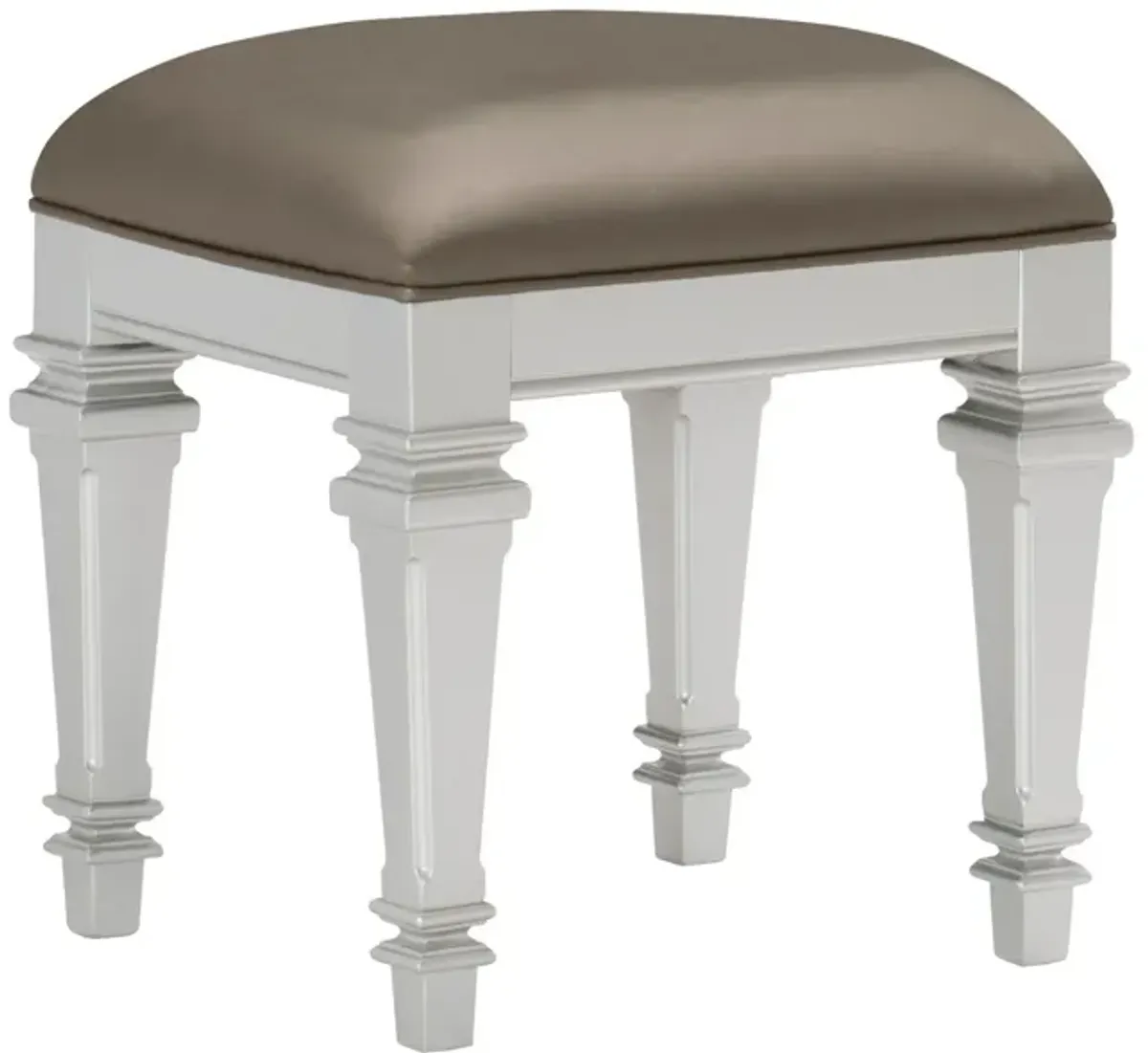 Leatherette Padded Vanity Stool with Tapered Legs and Molded Detail, Silver-Benzara