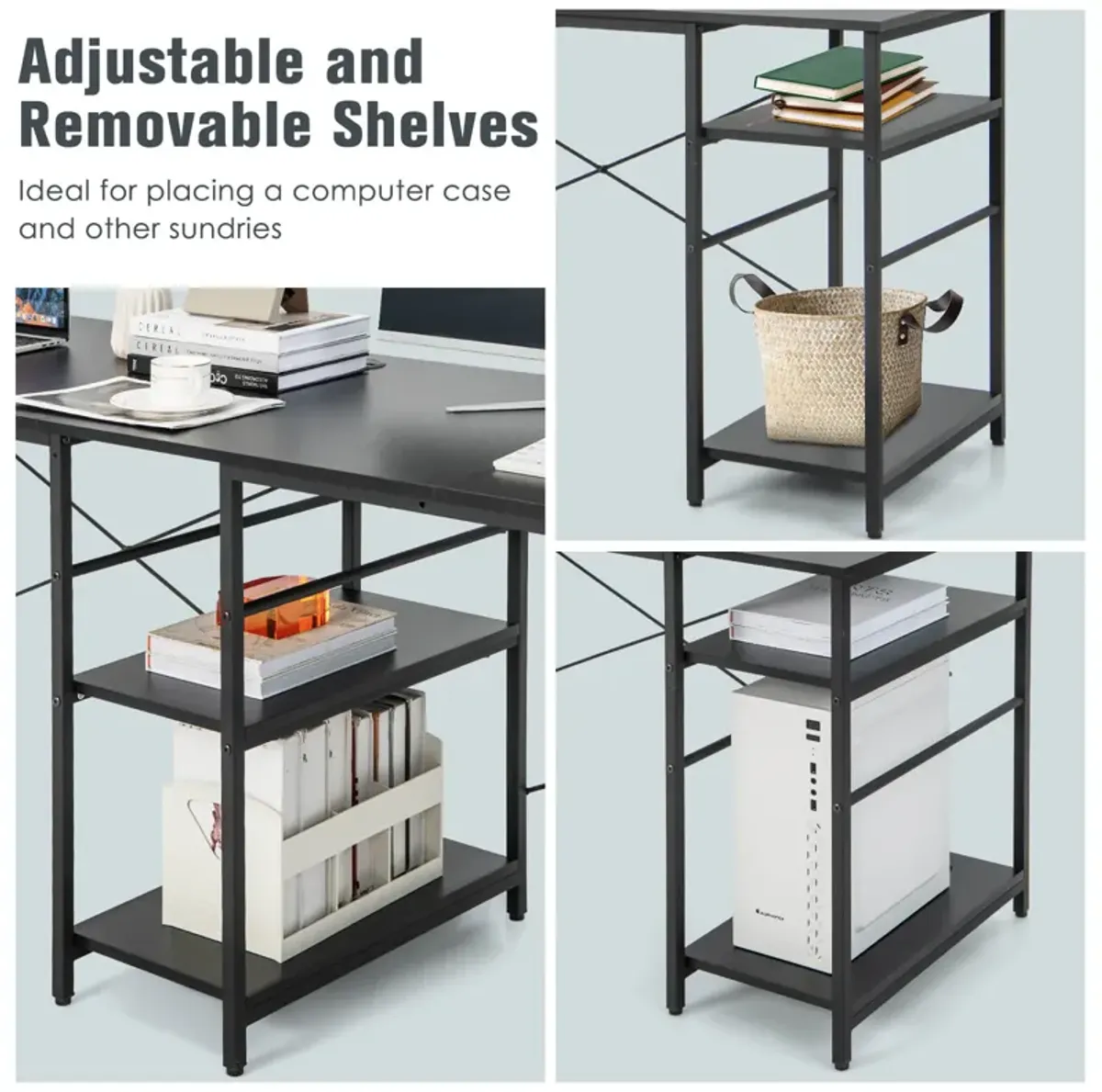 L Shaped Computer Desk with 4 Storage Shelves and Cable Holes