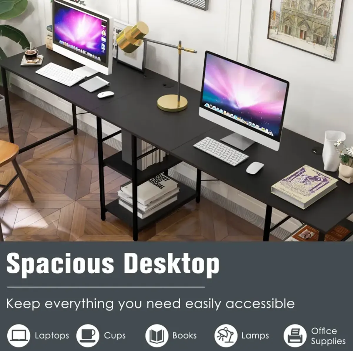 L Shaped Computer Desk with 4 Storage Shelves and Cable Holes