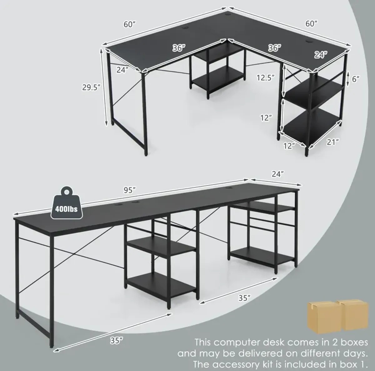 L Shaped Computer Desk with 4 Storage Shelves and Cable Holes