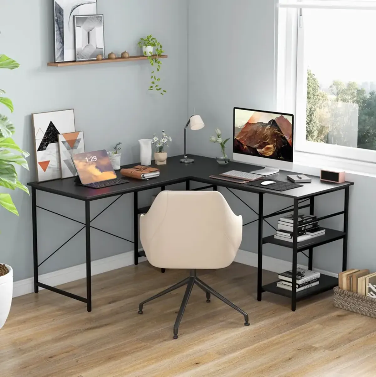 L Shaped Computer Desk with 4 Storage Shelves and Cable Holes