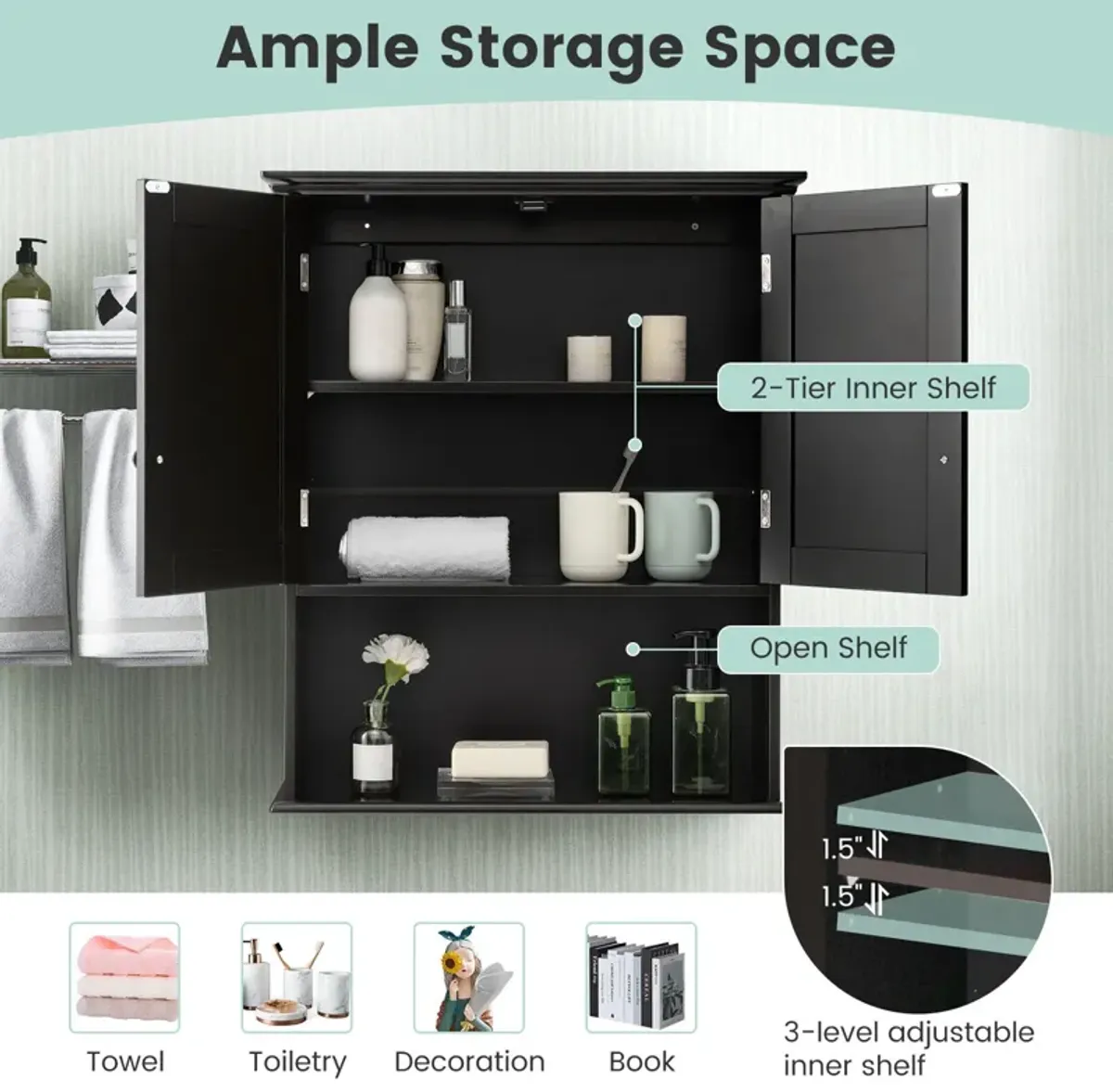 2-Door Wall Mount Bathroom Storage Cabinet with Open Shelf