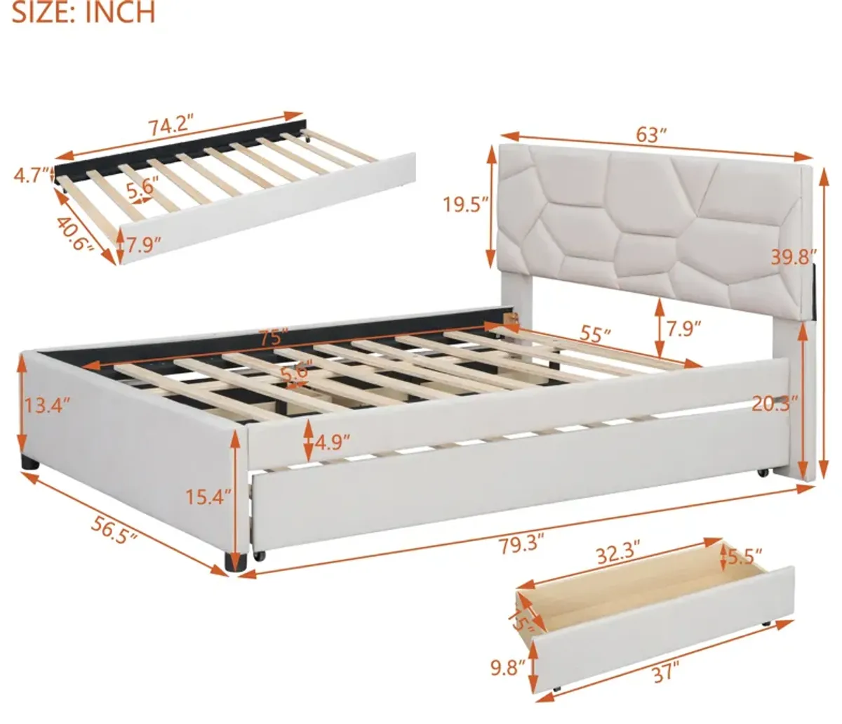 Merax Upholstered Platform Bed with Brick Pattern Headboard, with Twin XL Size Trundle and 2 drawers, Linen Fabric