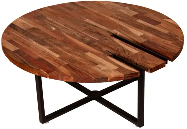 Peter 35 Inch Round Coffee Table, Solid Acacia Wood Tabletop, Steel Frame, Brown, Black-Benzara