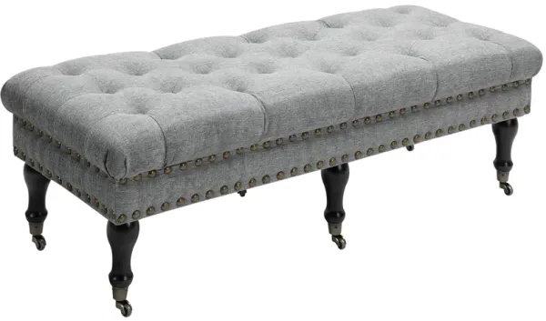 Grey Wheeled Ottoman: Button-Tufted Bench with Nailhead Trim