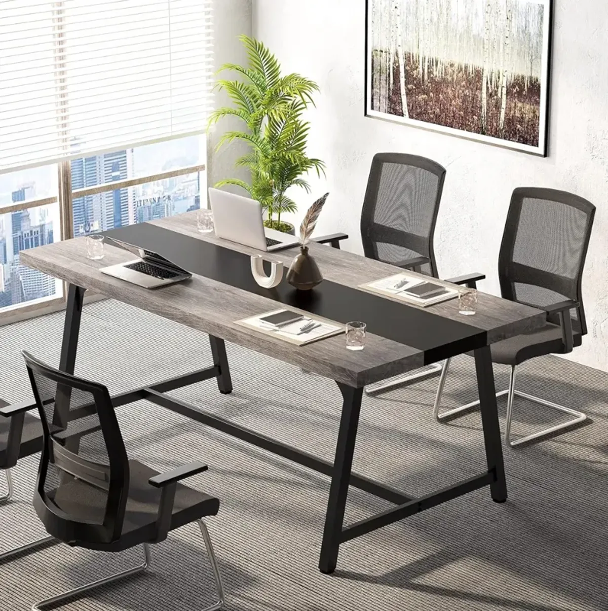 Tribesigns 6FT Rectangle Conference Table, 70.87L x 33.46W x 29.92H Inches Meeting Table for Conference Room, Vintage Wood Office Executive Desk with Strong Metal Frame for 6 People (Grey)