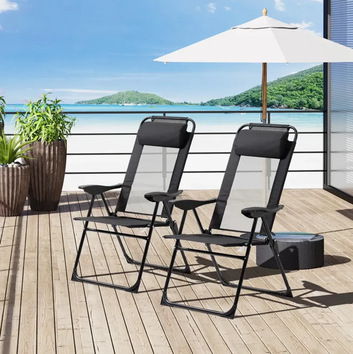 Black Patio Chairs: Set of 2 Folding Recliner Lounge Chairs