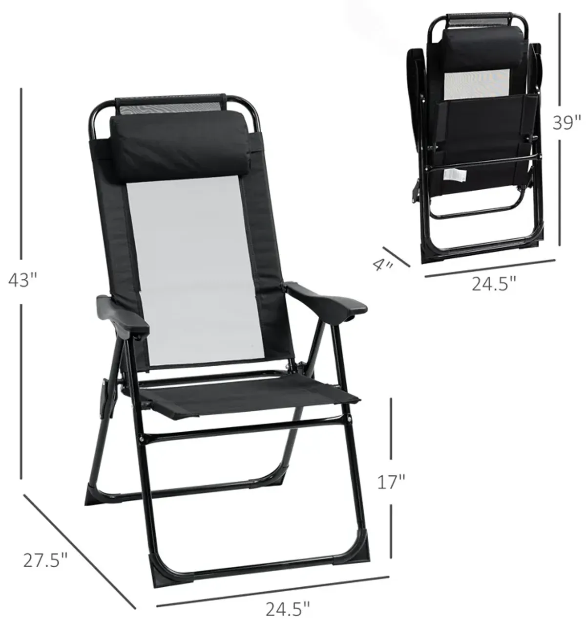 Black Patio Chairs: Set of 2 Folding Recliner Lounge Chairs