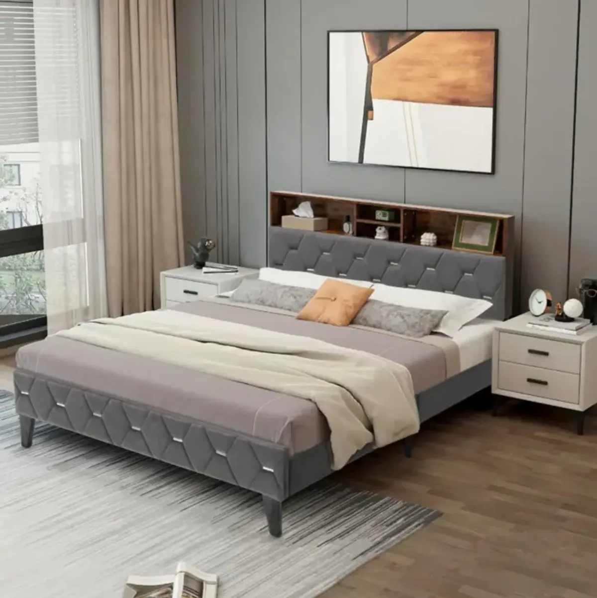 Hivvago Upholstered Bed Frame with Storage Headboard