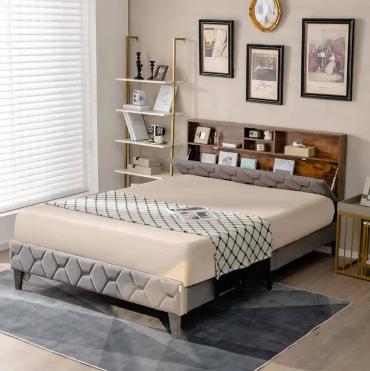 Hivvago Upholstered Bed Frame with Storage Headboard