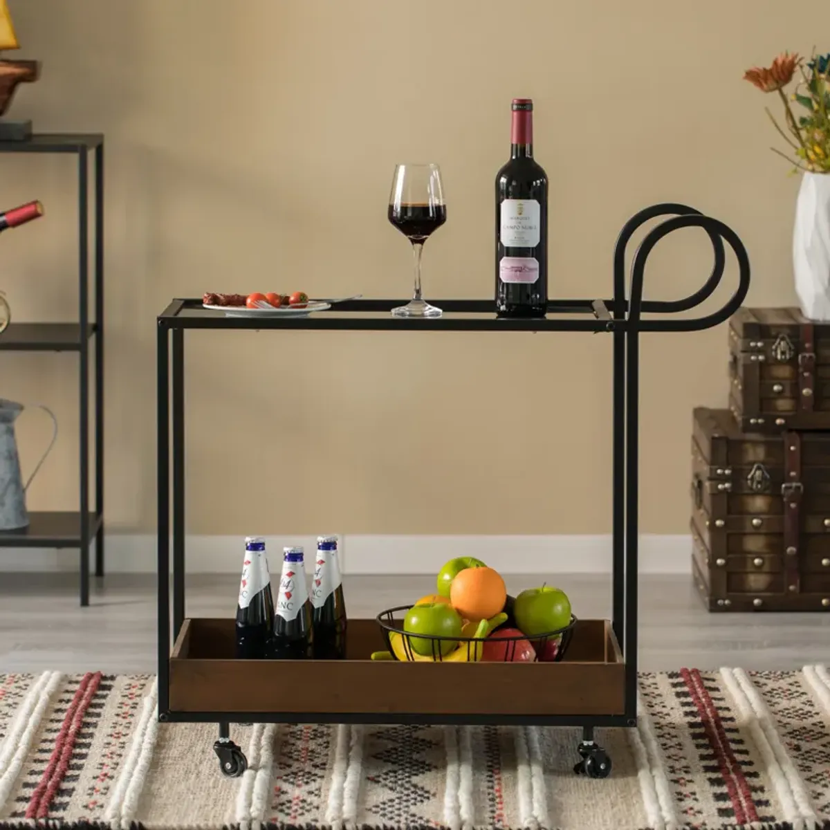 Metal Wine Bar Serving Cart with Rolling Wheels and Handles for Dining, Living room or Entryway