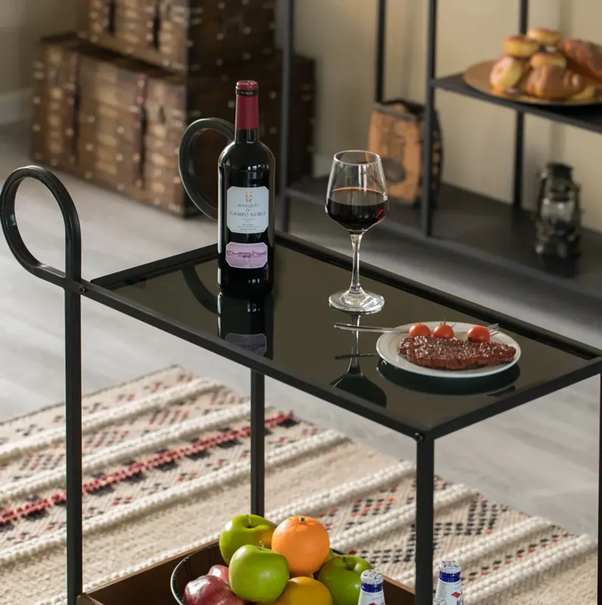 Metal Wine Bar Serving Cart with Rolling Wheels and Handles for Dining, Living room or Entryway