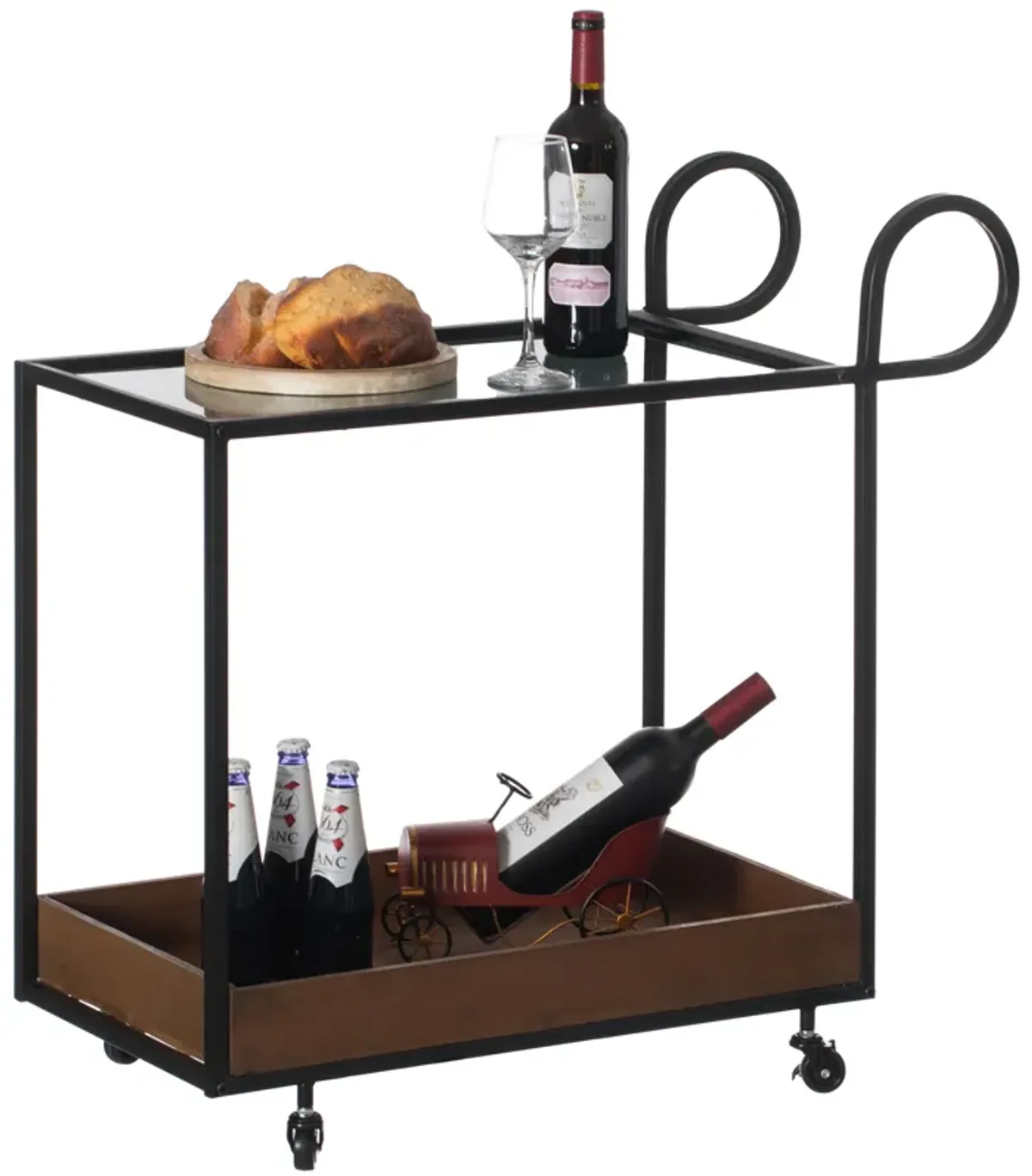 Metal Wine Bar Serving Cart with Rolling Wheels and Handles for Dining, Living room or Entryway