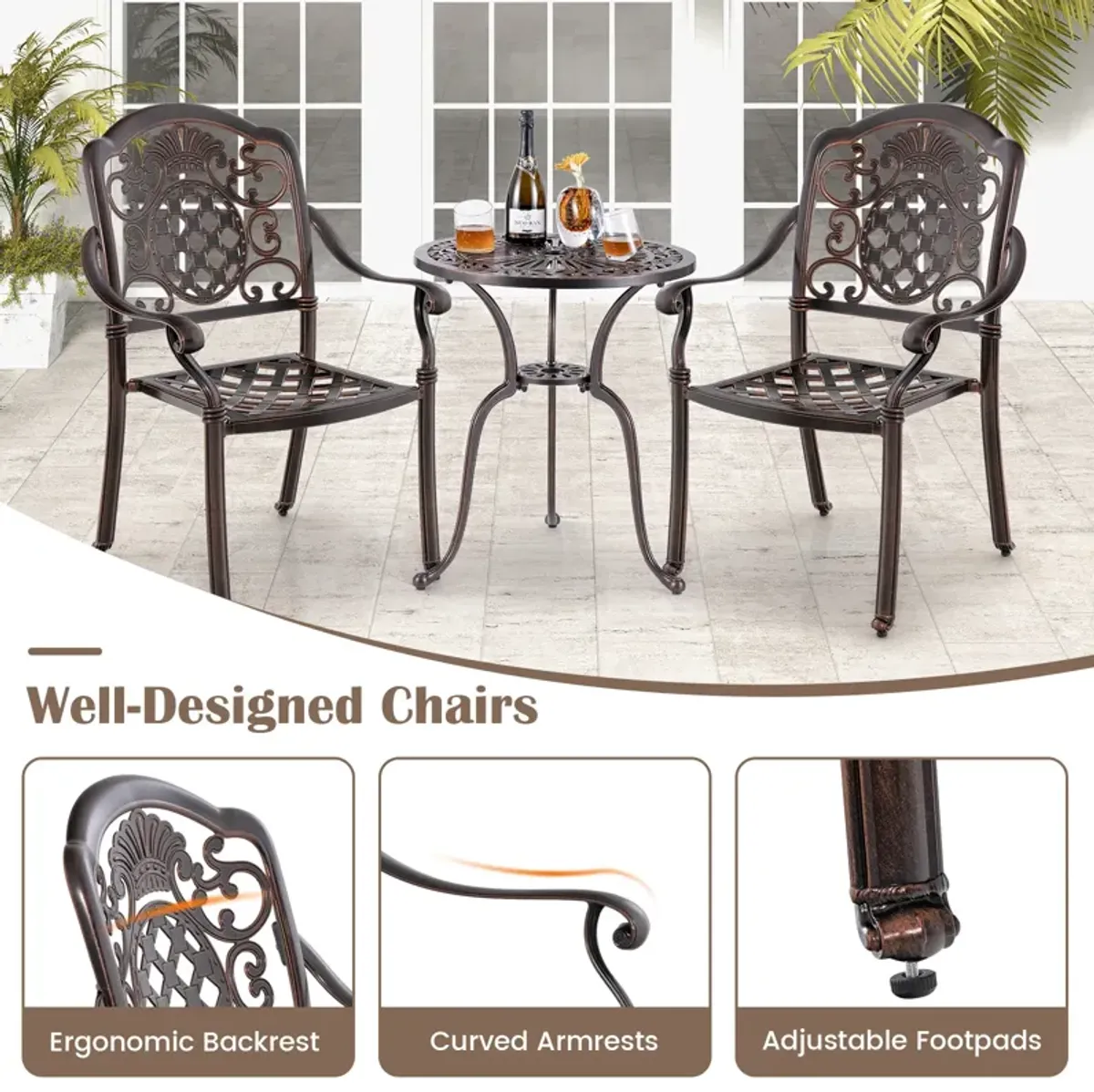 Patio Cast Aluminum Dining Chairs Set of 2 Metal Armchairs Stackable-Copper