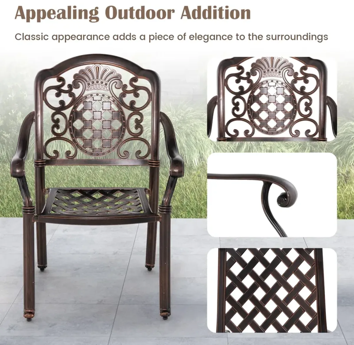 Patio Cast Aluminum Dining Chairs Set of 2 Metal Armchairs Stackable-Copper