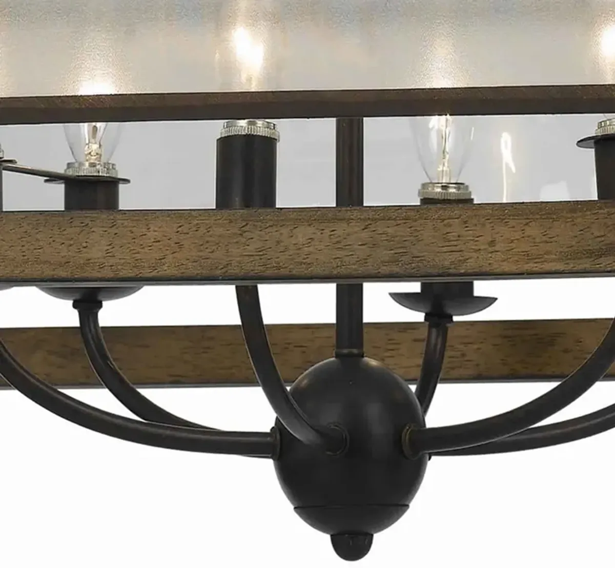 6 Bulb Square Chandelier with Wooden Frame and Organza Striped Shade, Brown-Benzara