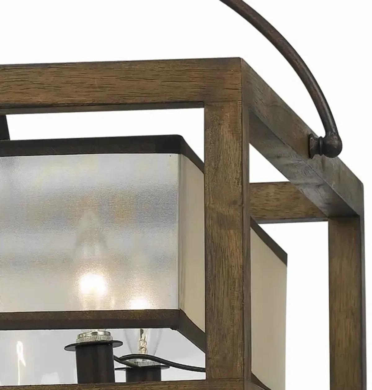 6 Bulb Square Chandelier with Wooden Frame and Organza Striped Shade, Brown-Benzara