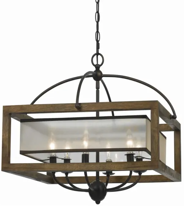 6 Bulb Square Chandelier with Wooden Frame and Organza Striped Shade, Brown - Benzara