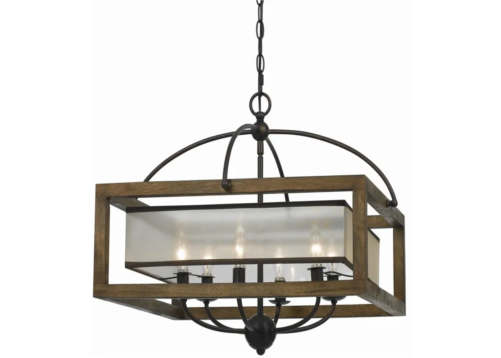 6 Bulb Square Chandelier with Wooden Frame and Organza Striped Shade, Brown-Benzara