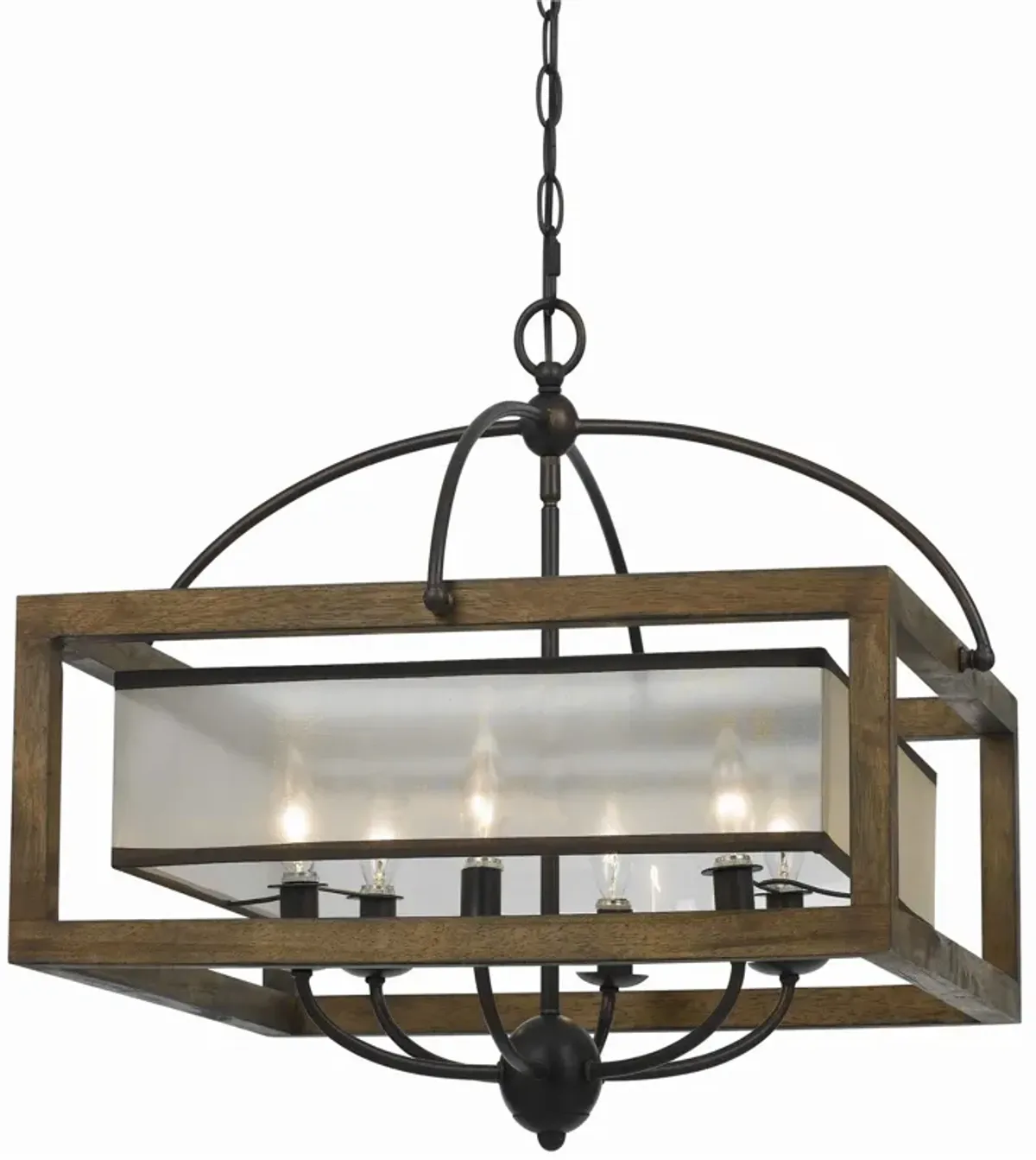 6 Bulb Square Chandelier with Wooden Frame and Organza Striped Shade, Brown-Benzara