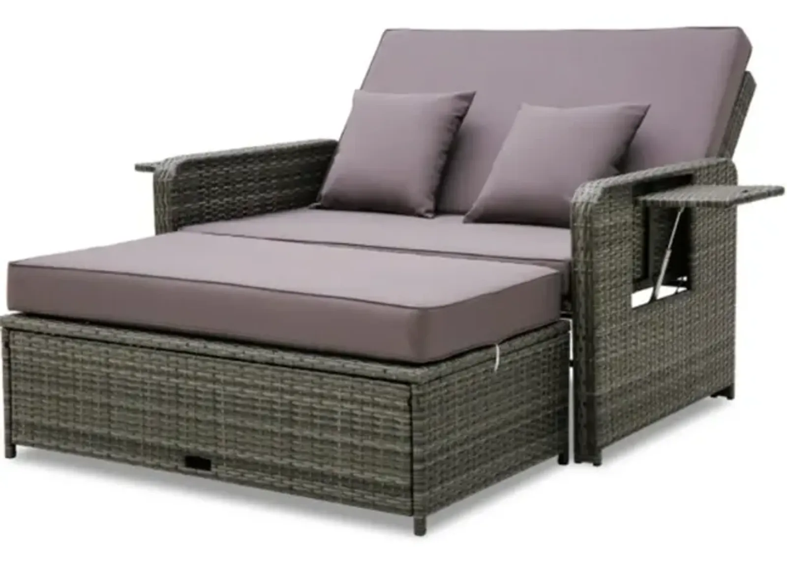 Hivvago Wicker Loveseat Sofa with Multipurpose Ottoman and Retractable Side Tray-Gray