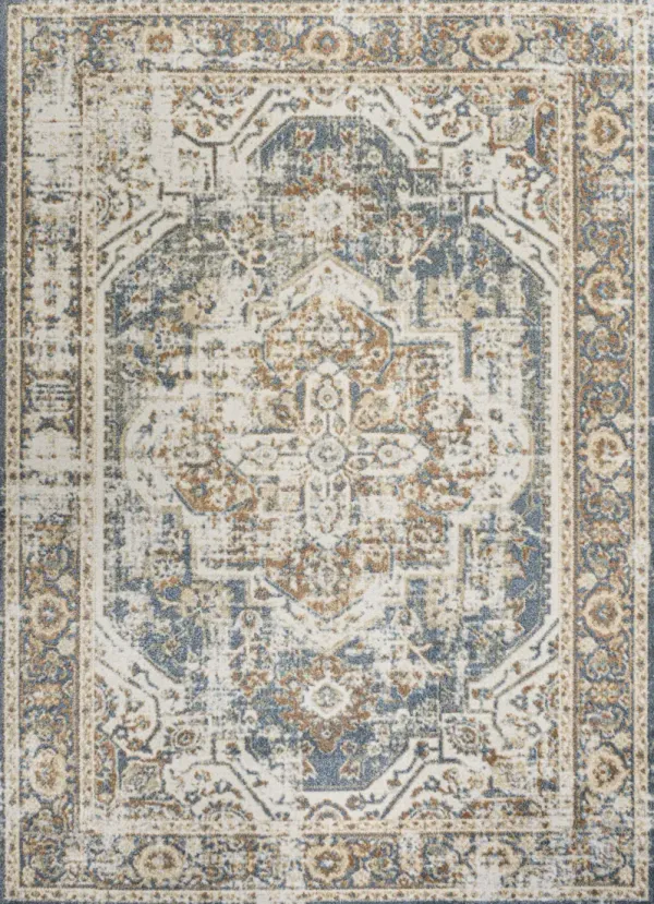 Keesha Bold Distressed Medallion Low-Pile Machine-Washable Blue/Cream. Area Rug