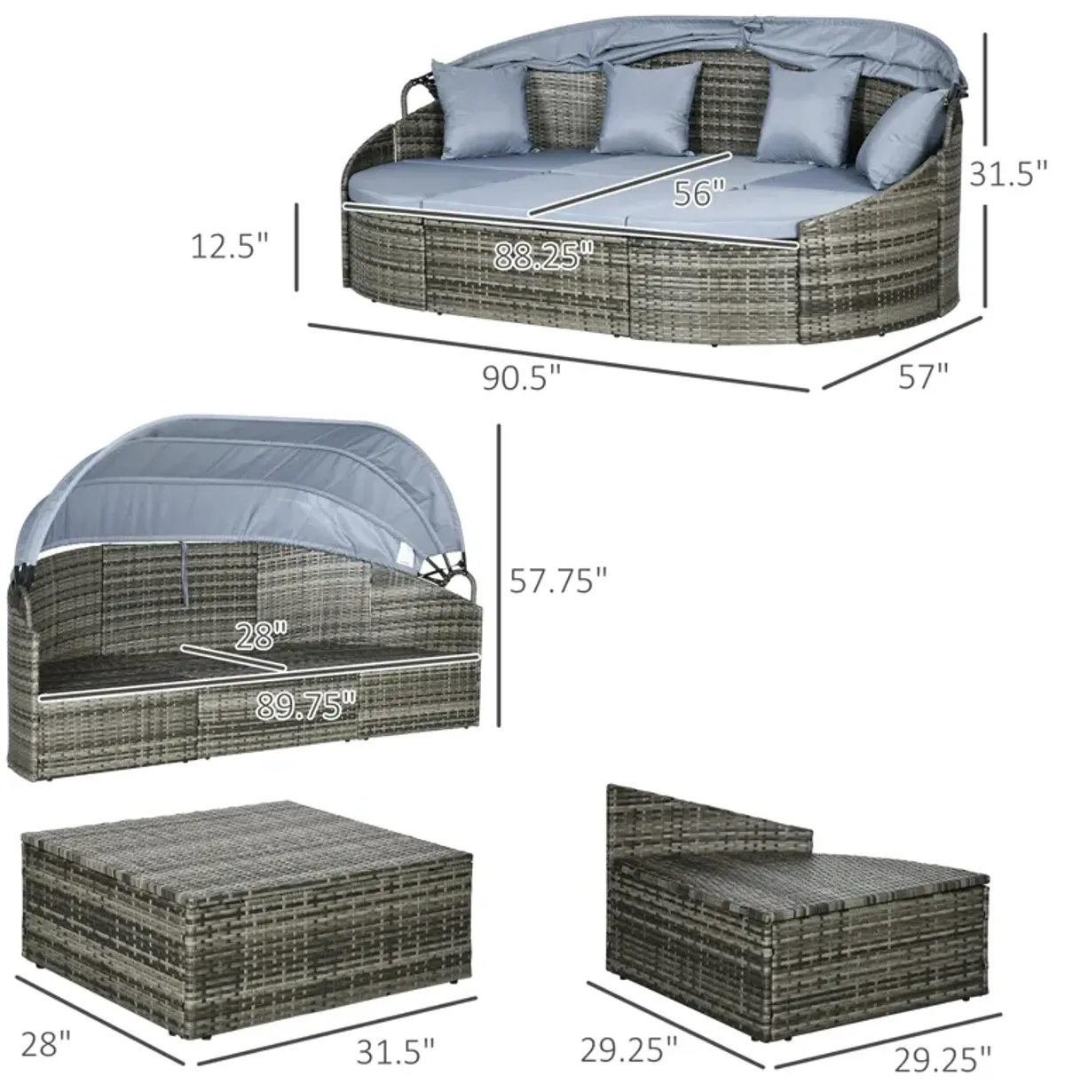 Light Grey Outdoor Lounge: Rattan Daybed with Canopy & Sectional Design