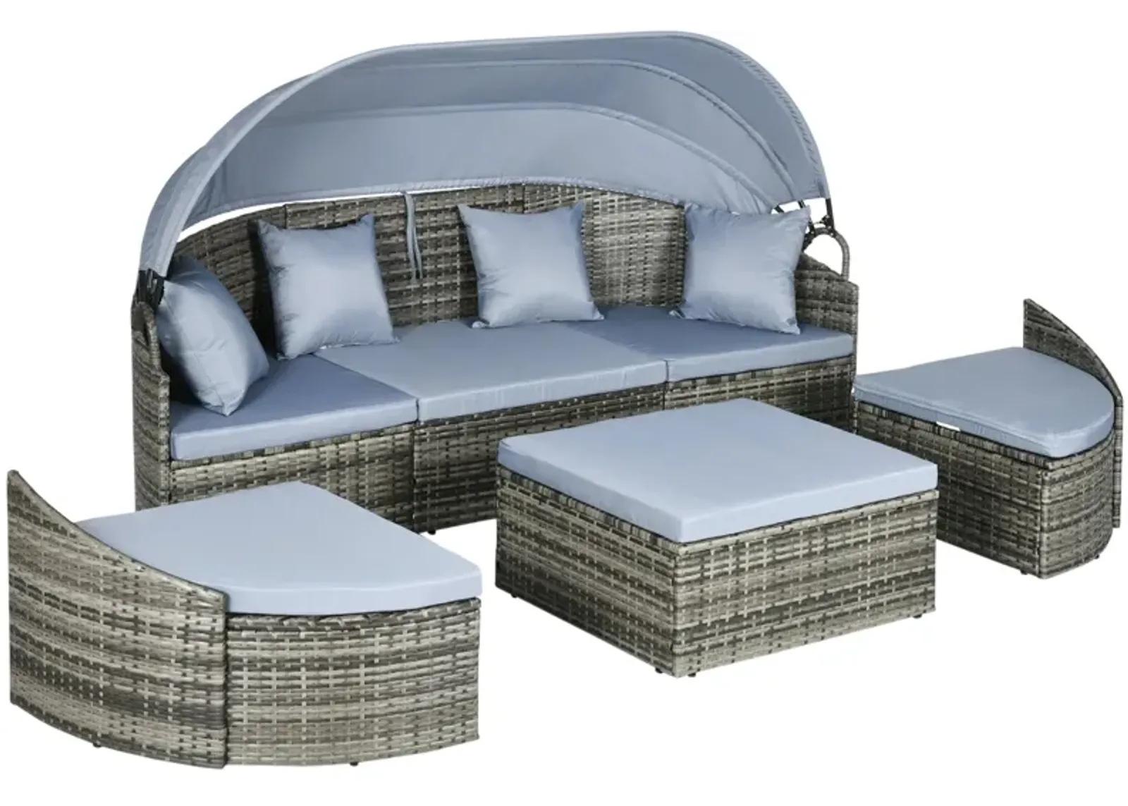 Light Grey Outdoor Lounge: Rattan Daybed with Canopy & Sectional Design