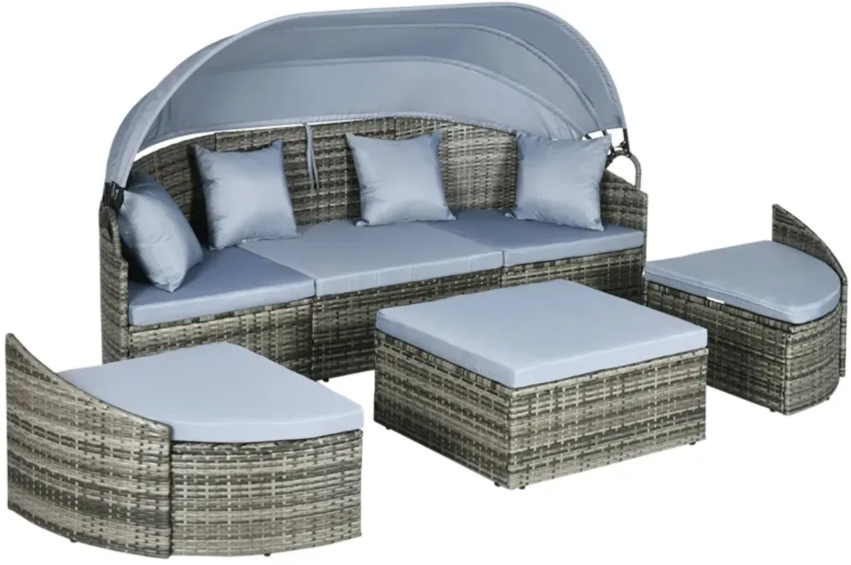 Light Grey Outdoor Lounge: Rattan Daybed with Canopy & Sectional Design