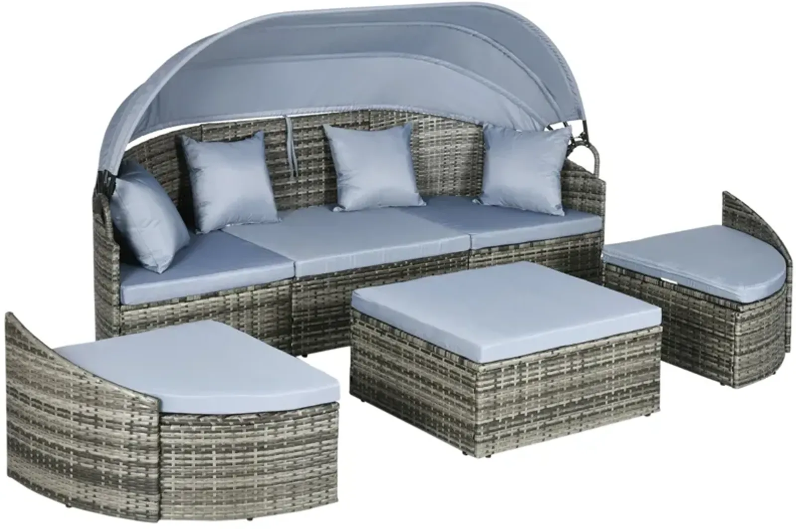 Light Grey Outdoor Lounge: Rattan Daybed with Canopy & Sectional Design