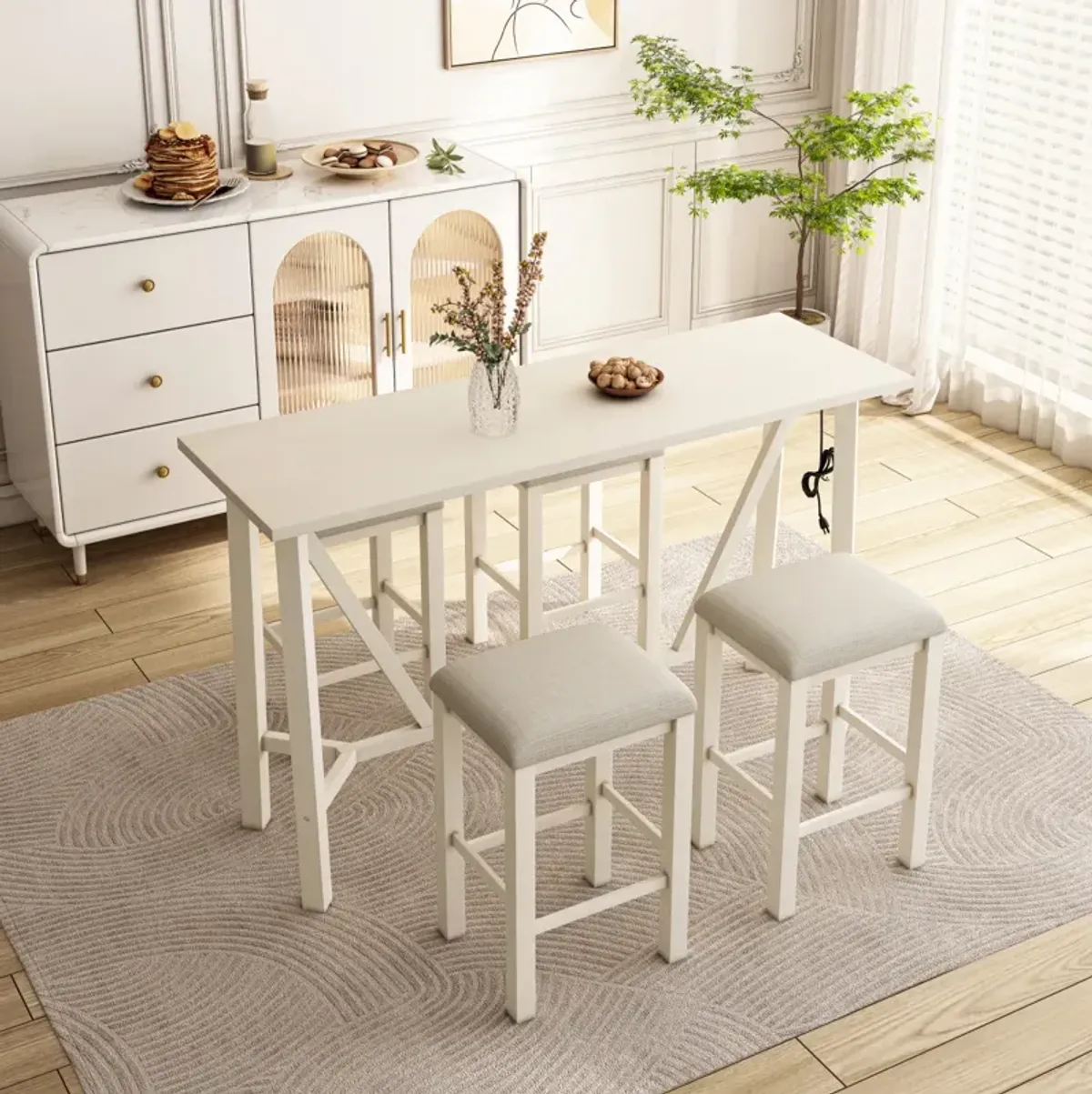 5-Piece Dining Set with Power Outlets, Beige