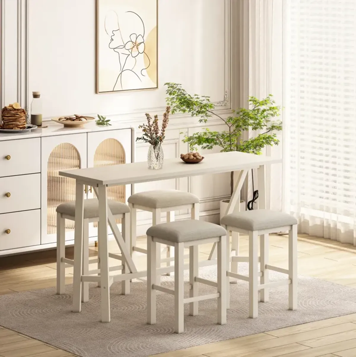 5-Piece Dining Set with Power Outlets, Beige