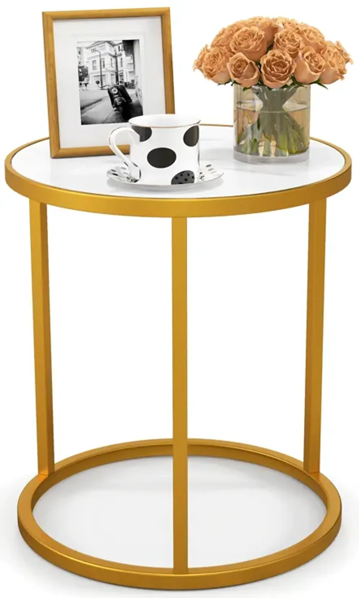 Marble Top Round Side Table 16-Inch End Table with Golden Metal Frame - 1 Piece